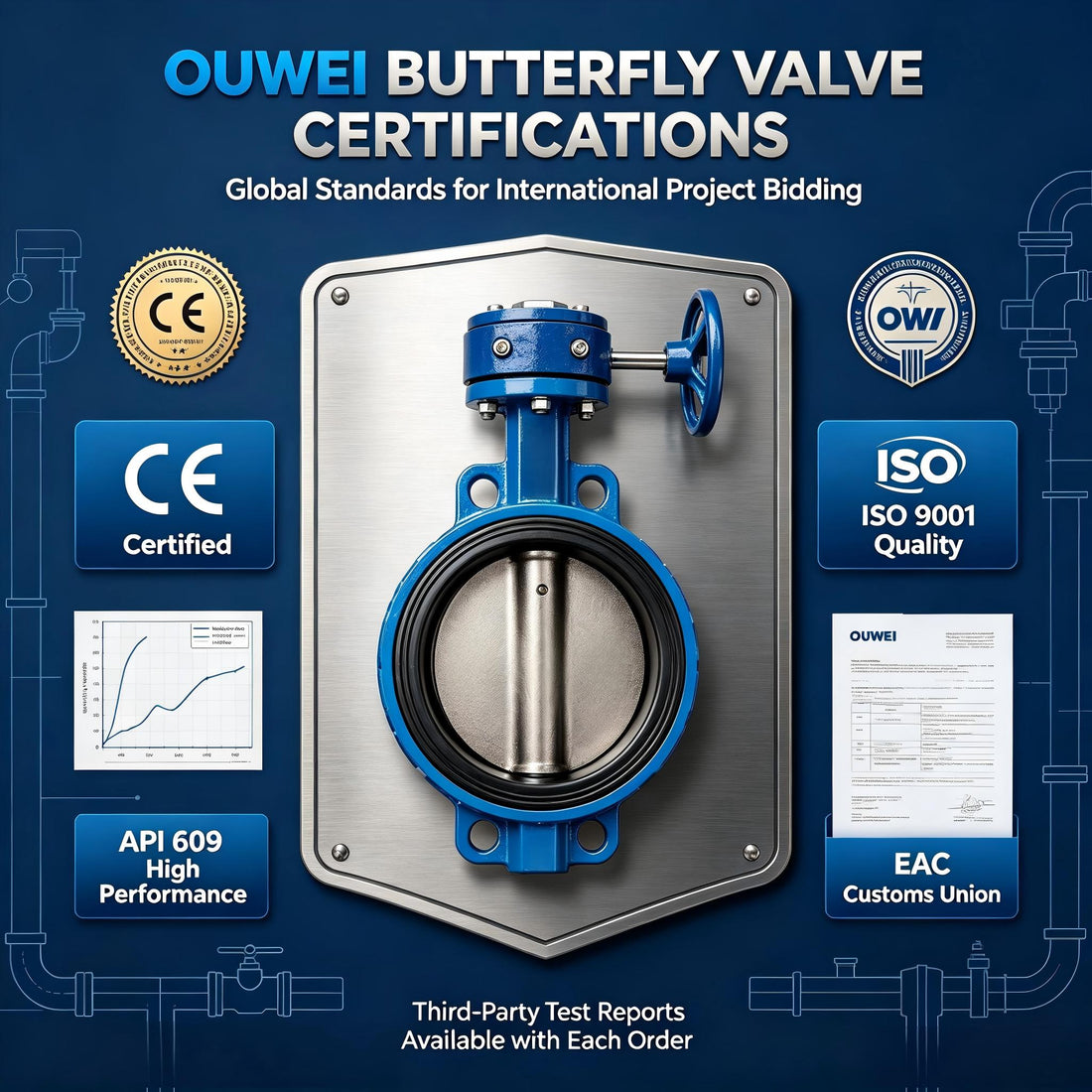 OUWEI Butterfly Valves Full International Certifications – CE, ISO9001, API 609, EAC